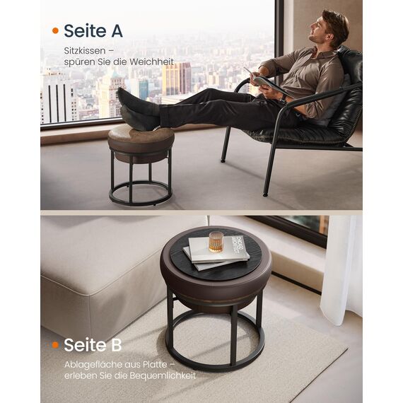 SONGMICS Home LUIZ Kollektion - Sitzhocker rund, Schminkhocker, Fußhocker, Oberteil wendbar, Hocker, Beistelltisch bis 300 kg belastbar, Schlafzimmer Wohnzimmer Flur, walnussbraun LOM080K01