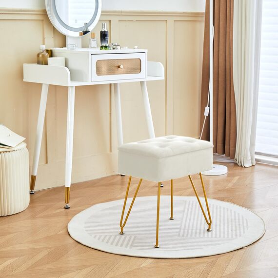 ALeesing Schminkhocker mit Stauraum, quadratischer Samt-Make-up-Schminkstuhl mit Metallbeinen und verstellbaren goldfarbenen Füßen, Klapp-Top-Ottomane, Fußstütze mit weich gepolstertem Sitz für