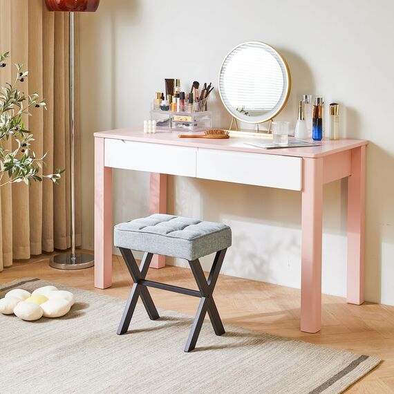 IBUYKE Quadratischer Make-up Hocker mit X-Bein Fußstütze, Leinen Fußstütze Hocker, Ottoman Sitz Eitelkeitshocker, Multi-Use als Kleiner Beistelltisch, für Schlafzimmer, Wohnzimmer, Graublau L/G-70L