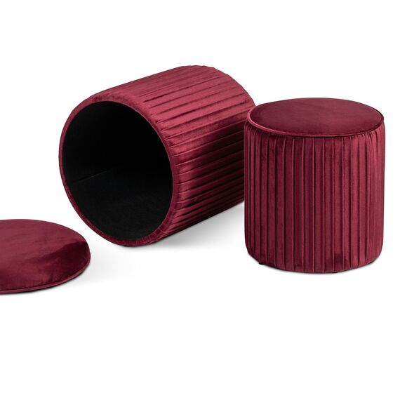Norbe | Tik TAK | 2er-Set Sitzhocker in Zylinderform aus Samt, Gerippter Hocker | Fußstütze für Schreibtisch | Schminktisch | Schlafzimmer oder Wohnzimmer | Sessel (Weinrot)