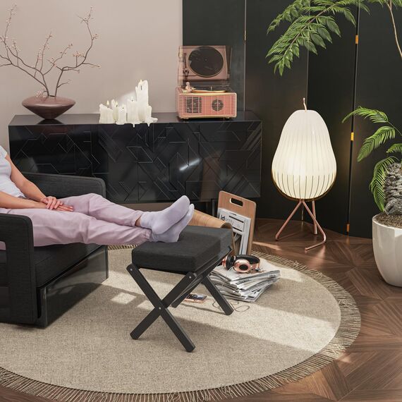 BAMBOOHOMIE Makeup Eitelkeit Hocker, Faltbarer Fußhocker mit Bambus X Beinen, Ottoman Fußstütze Stuhl für Vanity, Moderne Fußhocker klein gepolstert für Wohnzimmer (Schwarz - Schwarz)