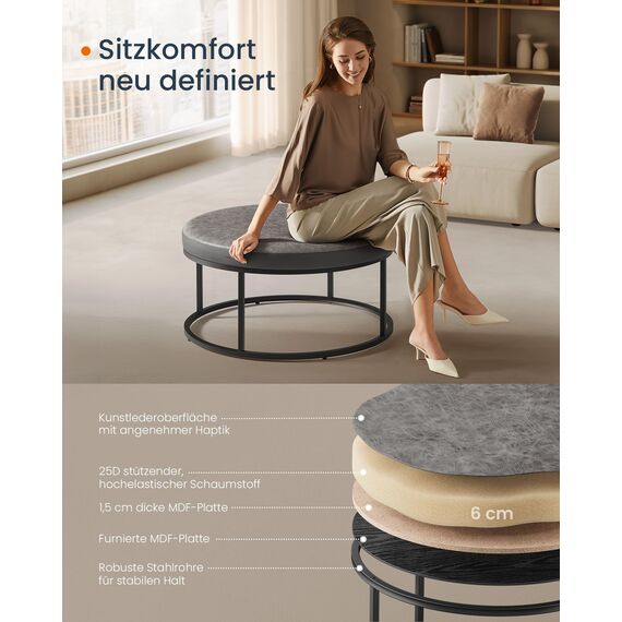 SONGMICS Home LUIZ Kollektion-Couchtisch rund, Wohnzimmertisch, Oberteil wendbar, Beistelltisch, Sitzhocker, Stahlrahmen bis 300 kg belastbar, für Wohnzimmer, Taubengrau LOM078G01, 78x78x40cm