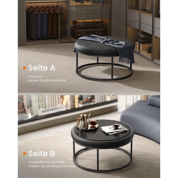 SONGMICS Home LUIZ Kollektion - Couchtisch rund, Wohnzimmertisch, Oberteil wendbar, Beistelltisch, Sitzhocker, Stahlrahmen bis 300 kg belastbar, für Wohnzimmer, tintenschwarz LOM078B01