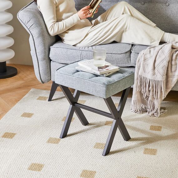 IBUYKE Quadratischer Make-up Hocker mit X-Bein Fußstütze, Leinen Fußstütze Hocker, Ottoman Sitz Eitelkeitshocker, Multi-Use als Kleiner Beistelltisch, für Schlafzimmer, Wohnzimmer, Graublau L/G-70L