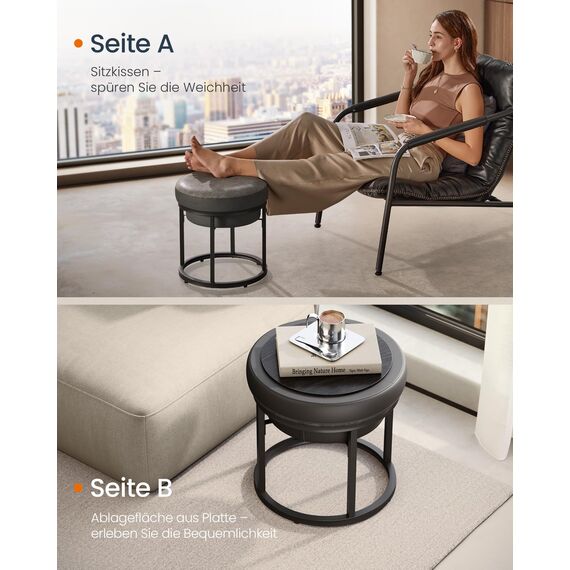SONGMICS Home LUIZ Kollektion - Sitzhocker rund, Schminkhocker, Fußhocker, Oberteil wendbar, Hocker, Beistelltisch bis 300 kg belastbar, Schlafzimmer Wohnzimmer Flur, Taubengrau LOM080G01
