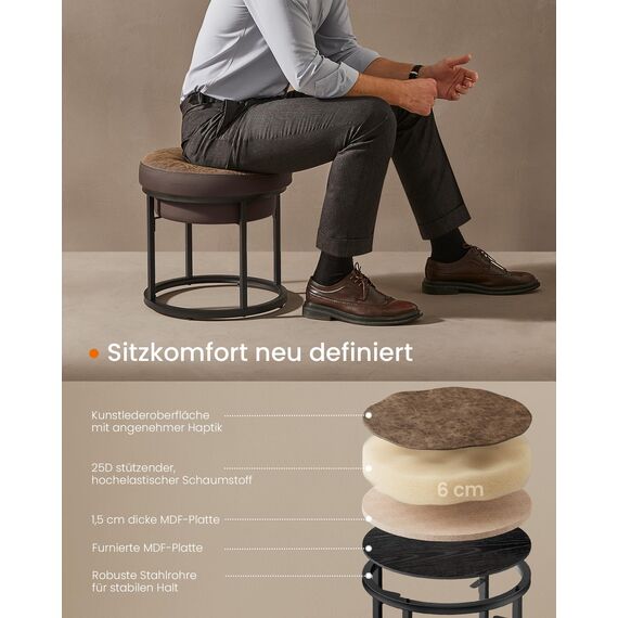 SONGMICS Home LUIZ Kollektion - Sitzhocker rund, Schminkhocker, Fußhocker, Oberteil wendbar, Hocker, Beistelltisch bis 300 kg belastbar, Schlafzimmer Wohnzimmer Flur, walnussbraun LOM080K01