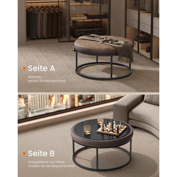 SONGMICS Home LUIZ Kollektion - Couchtisch rund, Wohnzimmertisch, Oberteil wendbar, Beistelltisch, Sitzhocker, Stahlrahmen bis 300 kg belastbar, für Wohnzimmer, walnussbraun LOM078K01