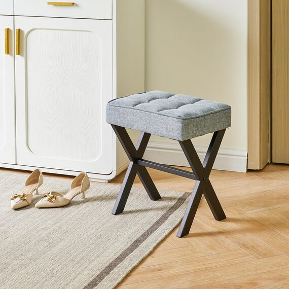 IBUYKE Quadratischer Make-up Hocker mit X-Bein Fußstütze, Leinen Fußstütze Hocker, Ottoman Sitz Eitelkeitshocker, Multi-Use als Kleiner Beistelltisch, für Schlafzimmer, Wohnzimmer, Graublau L/G-70L