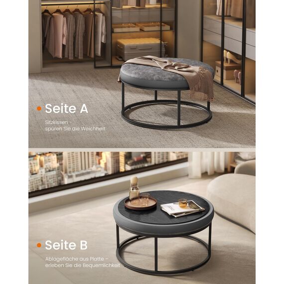 SONGMICS Home LUIZ Kollektion-Couchtisch rund, Wohnzimmertisch, Oberteil wendbar, Beistelltisch, Sitzhocker, Stahlrahmen bis 300 kg belastbar, für Wohnzimmer, Taubengrau LOM078G01, 78x78x40cm