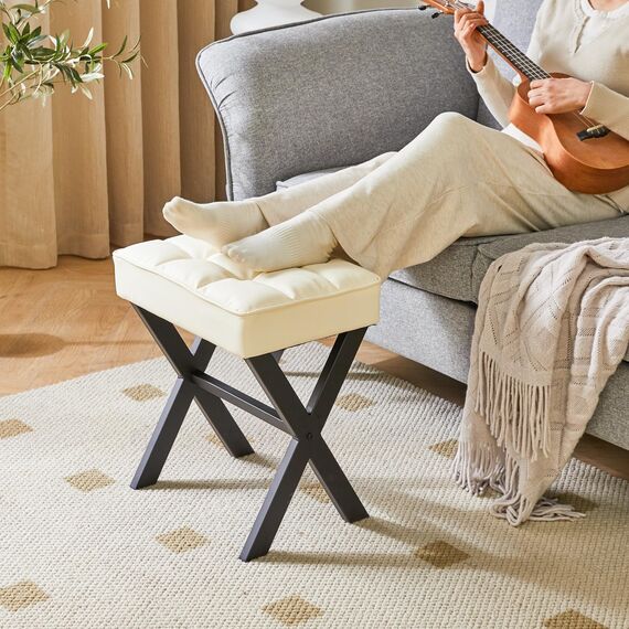 IBUYKE Square Make-up Hocker mit X-Bein Fußstütze, PU Fußstütze Hocker, Ottoman Sitz Eitelkeitshocker, Multi-Use als Kleiner Beistelltisch, für Schlafzimmer, Wohnzimmer, Weiß LG-71W