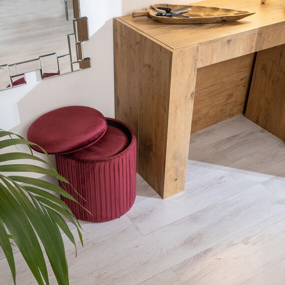 Norbe | Tik TAK | 2er-Set Sitzhocker in Zylinderform aus Samt, Gerippter Hocker | Fußstütze für Schreibtisch | Schminktisch | Schlafzimmer oder Wohnzimmer | Sessel (Weinrot)