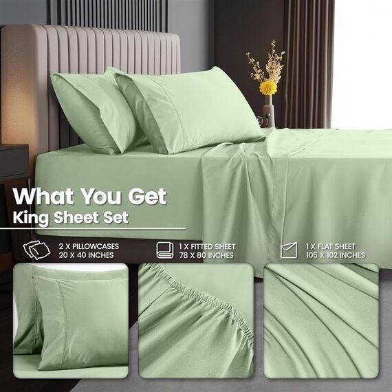 Utopia Bedding Bettwäsche-Set mit tiefen Taschen für King-Size-Bett, passend für Matratzen bis zu 53,3 cm, 4-teiliges Bettlaken, weich, kühlend, farbecht und schrumpffrei, Salbeigrün