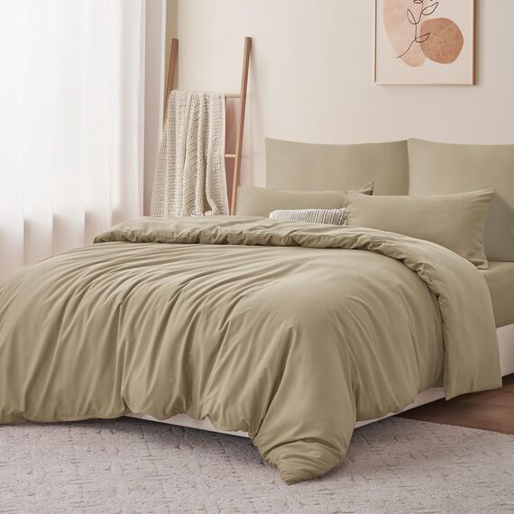 RUIKASI Bettwäsche 200x200 Khaki 3teilig - Polyester Mikrofaser Bettwäsche-Sets Oeko-TEX, Bettbezüge 200 x 200cm + 2 Kissenbezüge 80x80cm mit Reißverschluss, Weich und Bügelfrei