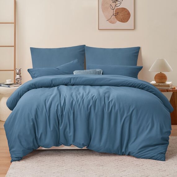 RUIKASI Bettwäsche 220x240 Blau 3teilig - Denimblau Mikrofaser Bettwäsche-Sets Oeko-TEX, Bettbezüge 220 x 240cm + 2 Kissenbezüge 80x80cm mit Reißverschluss, Weich und Bügelfrei