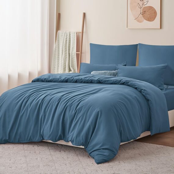 RUIKASI Bettwäsche 220x240 Blau 3teilig - Denimblau Mikrofaser Bettwäsche-Sets Oeko-TEX, Bettbezüge 220 x 240cm + 2 Kissenbezüge 80x80cm mit Reißverschluss, Weich und Bügelfrei