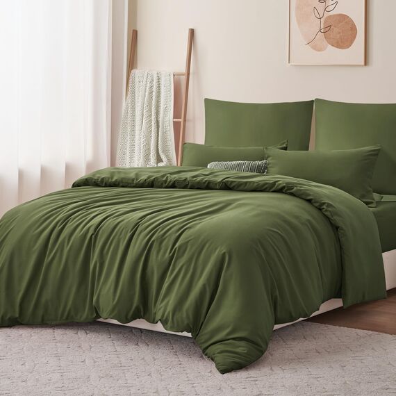 RUIKASI Bettwäsche 200x200 Grün 3teilig - Olivgrün Mikrofaser Bettwäsche-Sets Oeko-TEX, Bettbezüge 200 x 200cm + 2 Kissenbezüge 80x80cm mit Reißverschluss, Weich und Bügelfrei