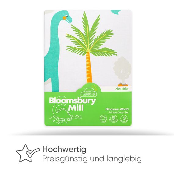 Bloomsbury Mill - Bettwäsche 200 x 200 cm Dinosaurier für Kinder – Doppelbett Bettwäscheset für Jungen und Mädchen – Jurassic Dino Wendebettwäsche und 2 Kissenbezug Set