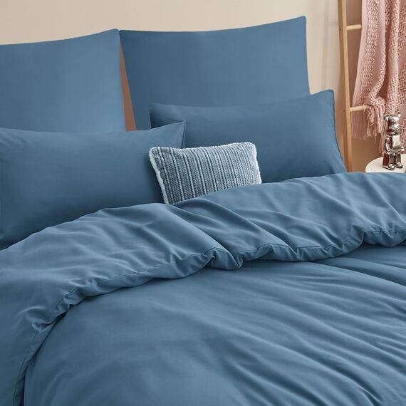 RUIKASI Bettwäsche 220x240 Blau 3teilig - Denimblau Mikrofaser Bettwäsche-Sets Oeko-TEX, Bettbezüge 220 x 240cm + 2 Kissenbezüge 80x80cm mit Reißverschluss, Weich und Bügelfrei