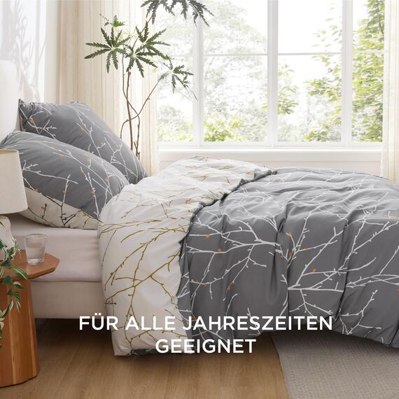 BEDSURE Bettwäsche 135x200 4teilig Bettbezug - Bettwäsche-Sets 135 x 200 cm 2er Set mit 2 Kissenbezüge 80x80cm, ÖKO-TEX Wendebettwäsche Bedding Zweige Grau Muster mit Reißverschluss