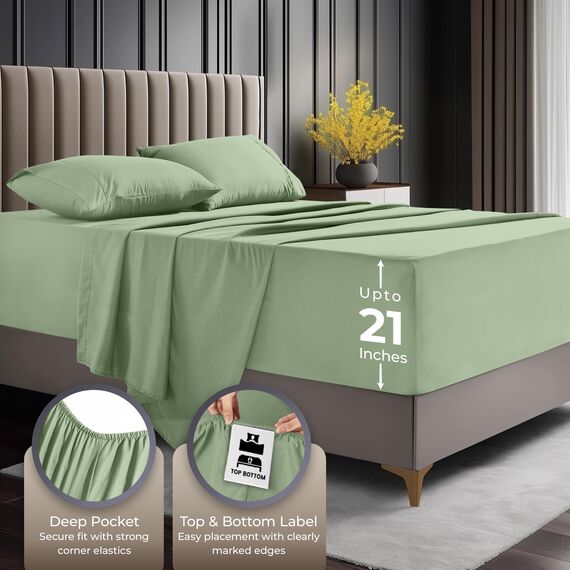 Utopia Bedding Bettwäsche-Set mit tiefen Taschen für King-Size-Bett, passend für Matratzen bis zu 53,3 cm, 4-teiliges Bettlaken, weich, kühlend, farbecht und schrumpffrei, Salbeigrün
