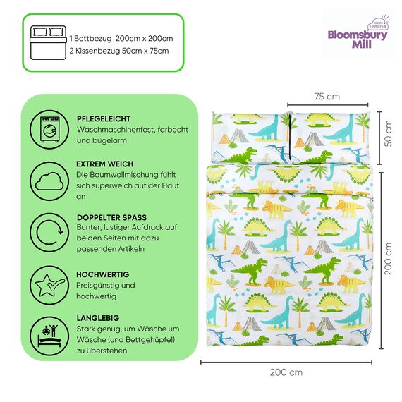 Bloomsbury Mill - Bettwäsche 200 x 200 cm Dinosaurier für Kinder – Doppelbett Bettwäscheset für Jungen und Mädchen – Jurassic Dino Wendebettwäsche und 2 Kissenbezug Set