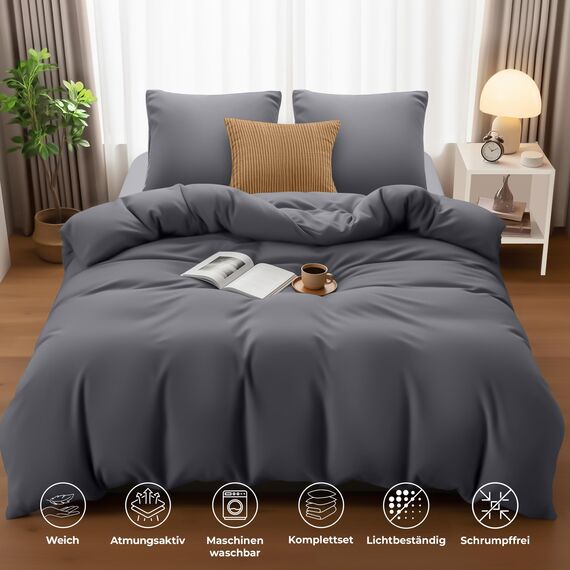 Utopia Bedding Bettwäsche 200x200 Set - Mikrofaser Bettbezug 200x200 cm + 2 Kissenbezüge 80x80 cm - Grau