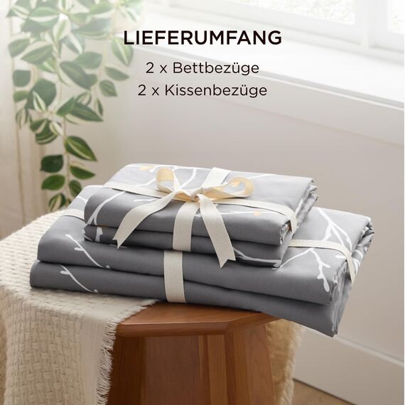 BEDSURE Bettwäsche 135x200 4teilig Bettbezug - Bettwäsche-Sets 135 x 200 cm 2er Set mit 2 Kissenbezüge 80x80cm, ÖKO-TEX Wendebettwäsche Bedding Zweige Grau Muster mit Reißverschluss