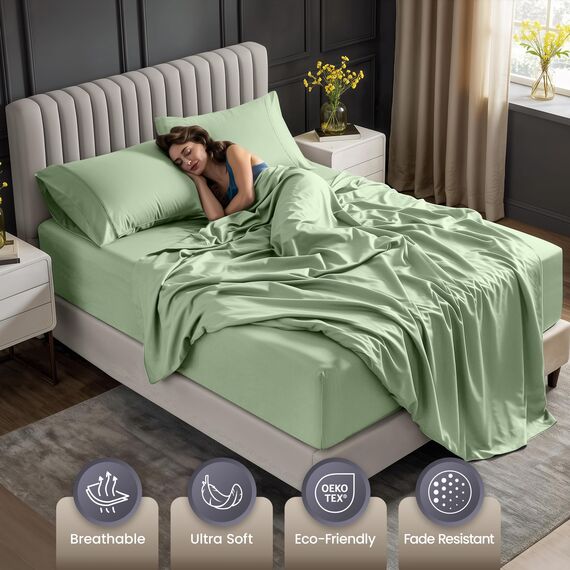 Utopia Bedding Bettwäsche-Set mit tiefen Taschen für King-Size-Bett, passend für Matratzen bis zu 53,3 cm, 4-teiliges Bettlaken, weich, kühlend, farbecht und schrumpffrei, Salbeigrün