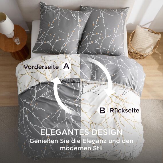 BEDSURE Bettwäsche 135x200 4teilig Bettbezug - Bettwäsche-Sets 135 x 200 cm 2er Set mit 2 Kissenbezüge 80x80cm, ÖKO-TEX Wendebettwäsche Bedding Zweige Grau Muster mit Reißverschluss