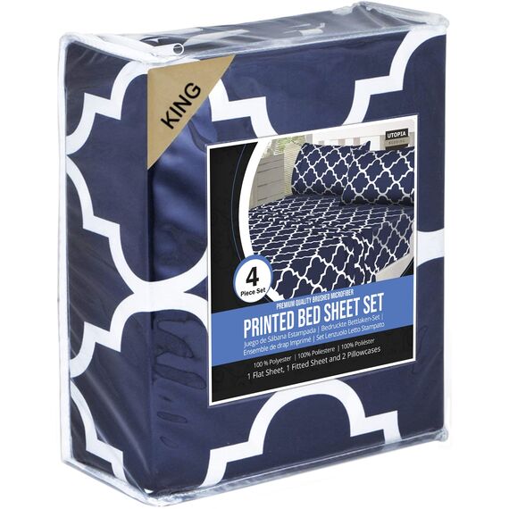 Utopia Bedding Bedrucktes Kingsize-Bettlaken-Set – 1 Spannbetttuch, 1 Bettlaken und 2 Kissenbezüge – weich gebürstetes Mikrofasergewebe – schrumpft und verblasst Nicht (King Size