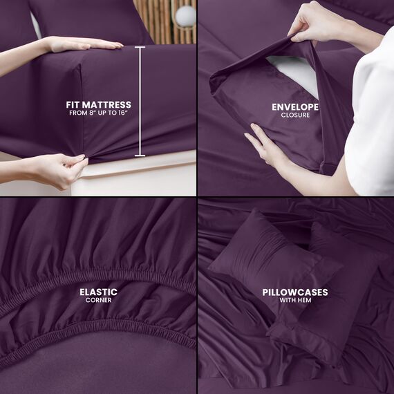 Utopia Bedding Bettwäsche-Set, 4-teilig, gebürstete Mikrofaser, schrumpft und verblasst Nicht, pflegeleicht (voll, lila)