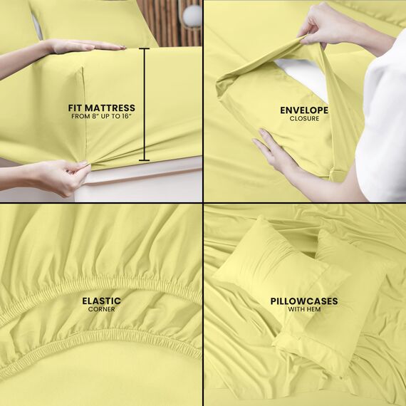 Utopia Bedding Queensize-Bettwäsche-Set, 4-teilig, gebürstete Mikrofaser, schrumpft und verblasst Nicht, pflegeleicht (Queen-Size-Bett, Gelb)