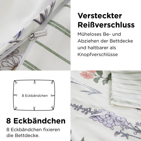 BEDSURE Bettwäsche 135x200 2teilig Bettbezug - Bettwäsche-Sets 135 x 200 cm mit Kissenbezug 80x80 cm, ÖKO-TEX Weiß Wendebettwäsche Bedding Muster Blumen Gestreift für Einzelbett mit Reißverschluss