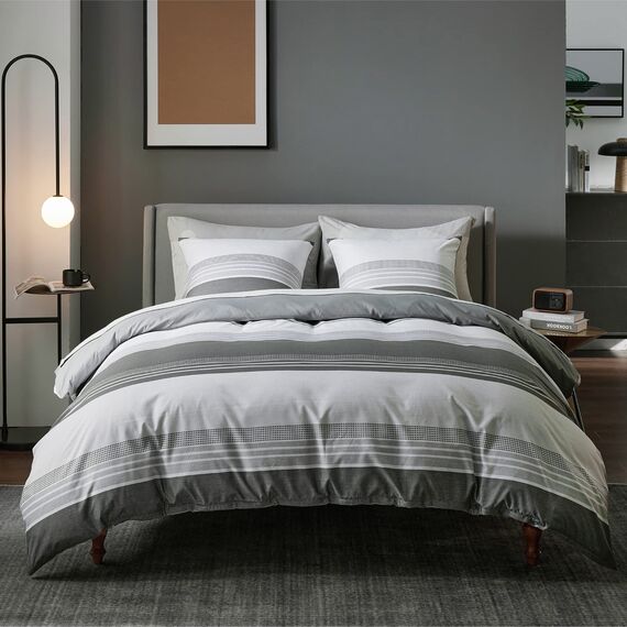 BEDSURE Bettwäsche 155x220 3teilig Bettbezug - Bettwäsche-Sets Grau 155 x 220 cm mit 2 Kissenbezüge 80x80 cm, ÖKO-TEX Wendebettwäsche Bedding Grau Gestreift Muster mit Reißverschluss
