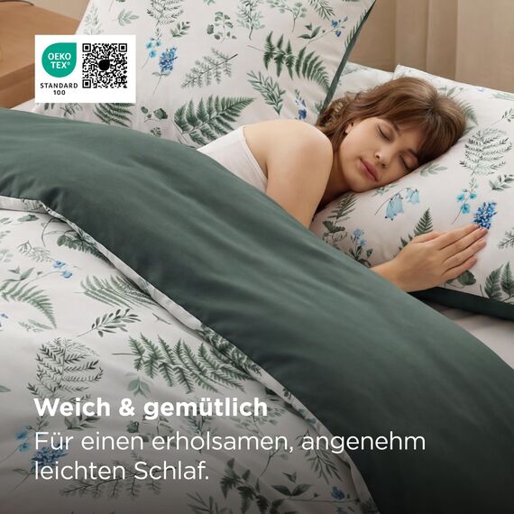 BEDSURE Bettwäsche 155x220 3teilig Bettbezug - Bettwäsche-Sets 155 x 220 cm mit 2 Kissenbezüge 80x80 cm, ÖKO-TEX Wendebettwäsche Bedding Muster Grün Blumen Pflanzen für Einzelbett mit Reißverschluss