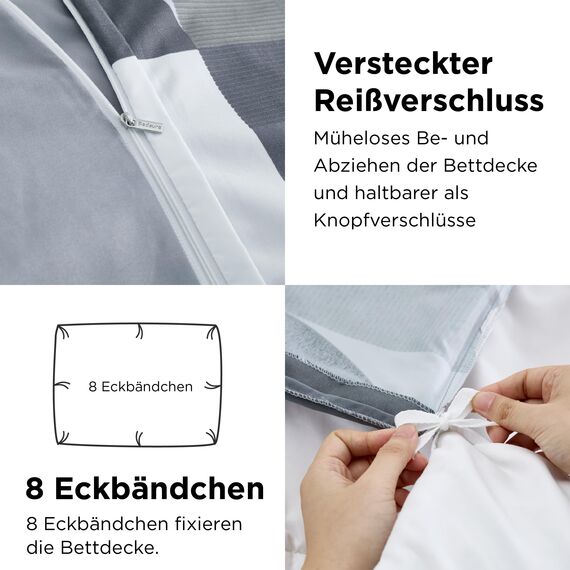 BEDSURE Bettwäsche 135x200 4teilig Bettbezug - Bettwäsche-Sets 135 x 200 cm 2er Set mit 2 Kissenbezüge 80x80cm, ÖKO-TEX Wendebettwäsche Bedding Grau Geometrie Muster mit Reißverschluss