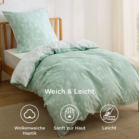 BEDSURE Bettwäsche 135x200 2teilig Bettbezug - Bettwäsche-Sets 135 x 200 cm mit Kissenbezug 80x80 cm, ÖKO-TEX Wendebettwäsche Bedding Grün Pflanzen Blätter Muster für Einzelbett mit Reißverschluss