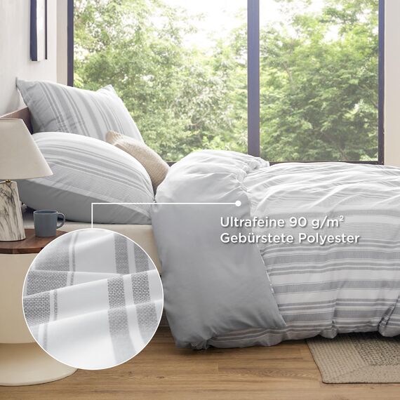 BEDSURE Bettwäsche 135x200 2teilig Bettbezug - Bettwäsche-Sets 135 x 200 cm mit Kissenbezug 80x80 cm, ÖKO-TEX Wendebettwäsche Bedding Grau Streifen Muster für Einzelbett mit Reißverschluss
