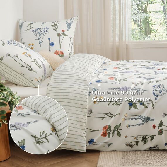 BEDSURE Bettwäsche 135x200 2teilig Bettbezug - Bettwäsche-Sets 135 x 200 cm mit Kissenbezug 80x80 cm, ÖKO-TEX Weiß Wendebettwäsche Bedding Muster Blumen Gestreift für Einzelbett mit Reißverschluss
