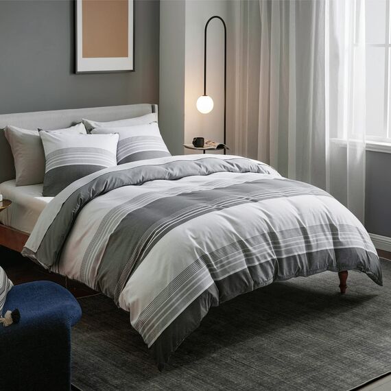 BEDSURE Bettwäsche 155x220 3teilig Bettbezug - Bettwäsche-Sets Grau 155 x 220 cm mit 2 Kissenbezüge 80x80 cm, ÖKO-TEX Wendebettwäsche Bedding Grau Gestreift Muster mit Reißverschluss