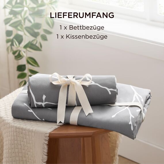 BEDSURE Bettwäsche 135x200 2teilig Bettbezug - Bettwäsche-Sets 135 x 200 cm mit Kissenbezug 80x80 cm, ÖKO-TEX Wendebettwäsche Bedding Muster Grau Zweige für Einzelbett mit Reißverschluss