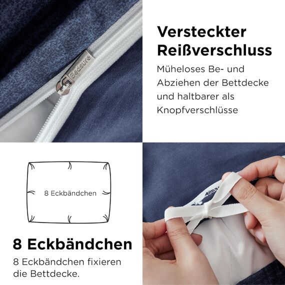 BEDSURE Bettwäsche 135x200 4teilig Bettbezug - Bettwäsche-Sets 135 x 200 cm 2er Set mit 2 Kissenbezüge 80x80cm, ÖKO-TEX Wendebettwäsche Bedding Blau Gestreift Muster mit Reißverschluss