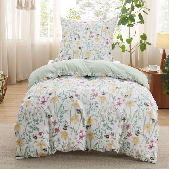 BEDSURE Bettwäsche 135x200 2teilig Bettbezug - Bettwäsche-Sets 135 x 200 cm mit Kissenbezug 80x80 cm, ÖKO-TEX Wendebettwäsche Bedding Grün Blumen Pflanze Muster für Einzelbett mit Reißverschluss