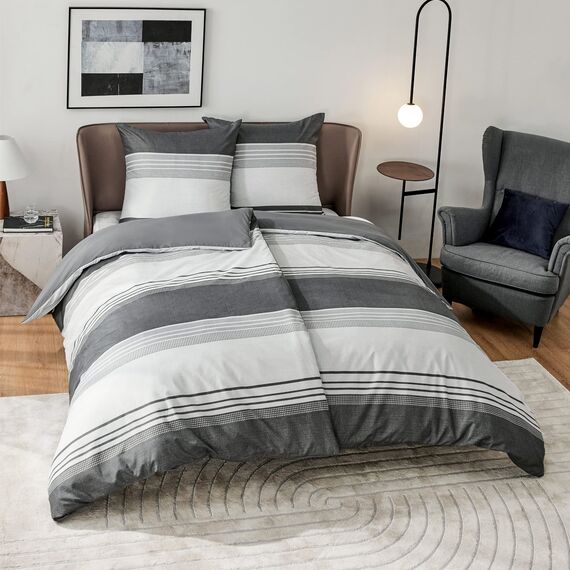 BEDSURE Bettwäsche 135x200 4teilig Bettbezug - Bettwäsche-Sets 135 x 200 cm 2er Set mit 2 Kissenbezüge 80x80cm, ÖKO-TEX Wendebettwäsche Bedding Grau Gestreift Muster mit Reißverschluss
