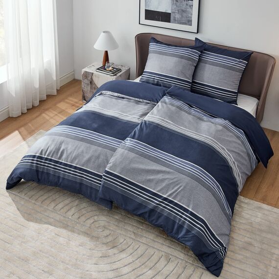 BEDSURE Bettwäsche 135x200 4teilig Bettbezug - Bettwäsche-Sets 135 x 200 cm 2er Set mit 2 Kissenbezüge 80x80cm, ÖKO-TEX Wendebettwäsche Bedding Blau Gestreift Muster mit Reißverschluss