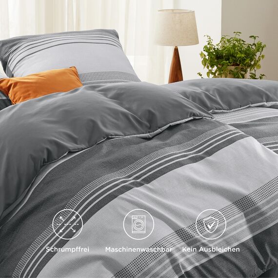 BEDSURE Bettwäsche 135x200 4teilig Bettbezug - Bettwäsche-Sets 135 x 200 cm 2er Set mit 2 Kissenbezüge 80x80cm, ÖKO-TEX Wendebettwäsche Bedding Grau Gestreift Muster mit Reißverschluss