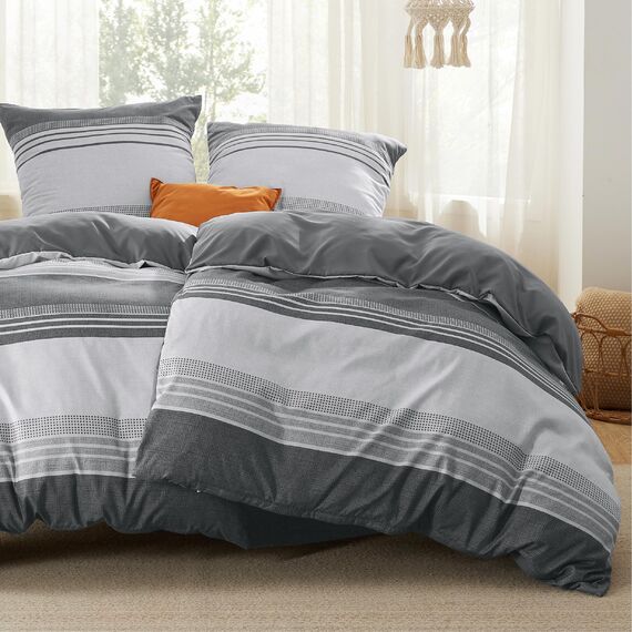 BEDSURE Bettwäsche 135x200 4teilig Bettbezug - Bettwäsche-Sets 135 x 200 cm 2er Set mit 2 Kissenbezüge 80x80cm, ÖKO-TEX Wendebettwäsche Bedding Grau Gestreift Muster mit Reißverschluss