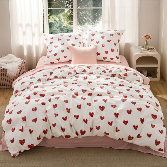 BEDSURE Bettwäsche 135x200 4teilig Herzen - Bettwäsche-Sets Weiß Bettbezug 135 x 200 2er Set mit 2 Kissenbezüge 80x80 cm, Oeko-TEX Bedding Muster Rot Herz mit Reißverschluss