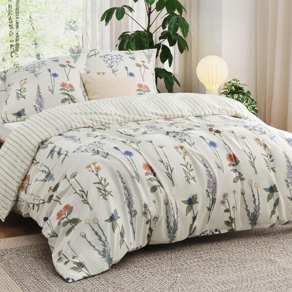 BEDSURE Bettwäsche 155x220 3teilig Bettbezug - Bettwäsche-Sets 155 x 220 cm mit 2 Kissenbezüge 80x80 cm, ÖKO-TEX Weiß Bedding Muster Blumen Gestreift für Einzelbett mit Reißverschluss