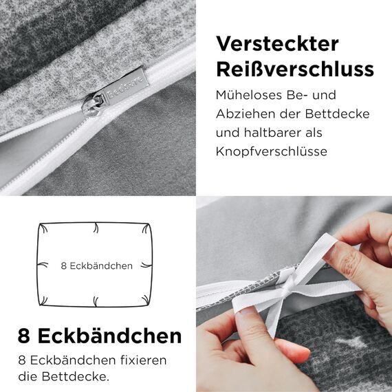 BEDSURE Bettwäsche 135x200 4teilig Bettbezug - Bettwäsche-Sets 135 x 200 cm 2er Set mit 2 Kissenbezüge 80x80cm, ÖKO-TEX Wendebettwäsche Bedding Grau Gestreift Muster mit Reißverschluss